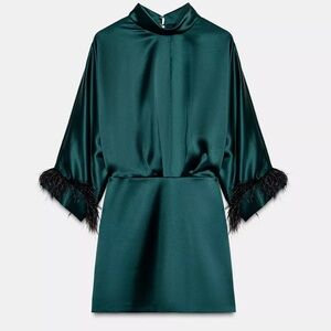 NWT Zara Dark Green Satin Mini Dress with Feather Trim Hunter Green